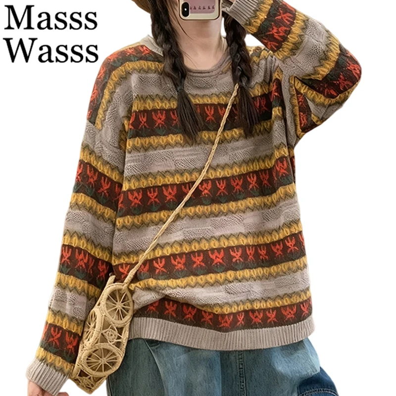 

Mass Wasss Богемия Зимние модные свитера женские свободные пуловеры с круглым вырезом с принтом женские повседневные классические вязаные джемперы большого размера