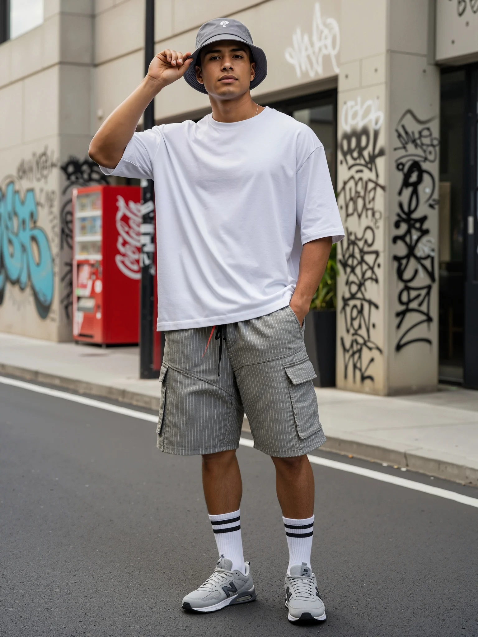 Men Grey Vertical Pinstripe Multi Flap Pocket Cargo Shorts Elastic Drawstring Waist Business Casual Shorts