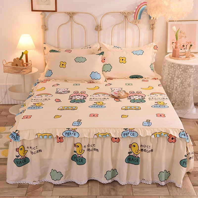 

Kids Cartoon Bed Skirt Set Cute Girls Chick Flower Print Ruffle Bedskirt for Teen Room Decor Cotton Dust Ruffle Drop Bed Sheet