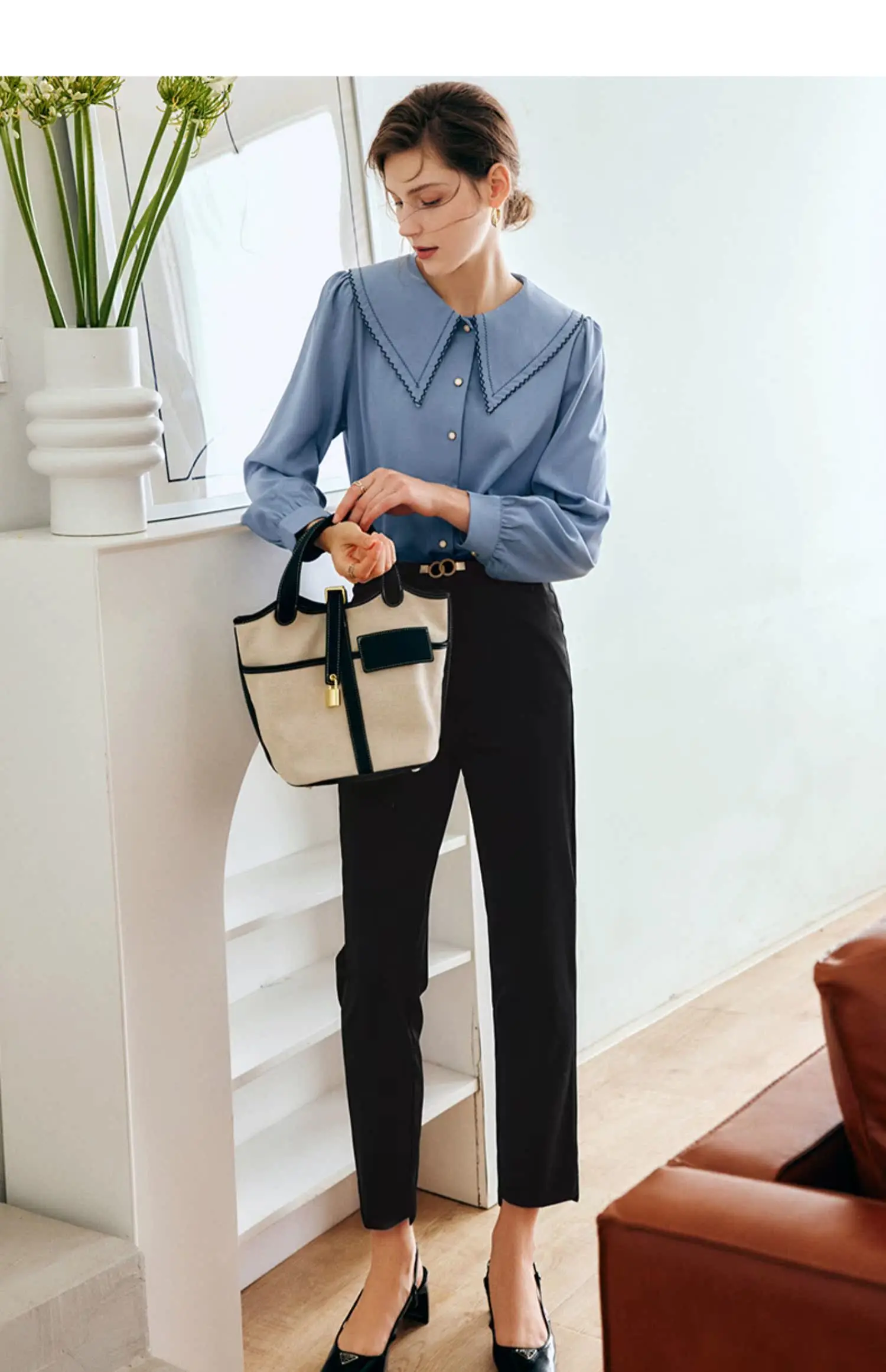 OLrain French Blue Women Shirt 2025 Spring Summer Office Lady Loose Embroidered Lapel Puff Sleeves Elegant Blouses O22QC00812