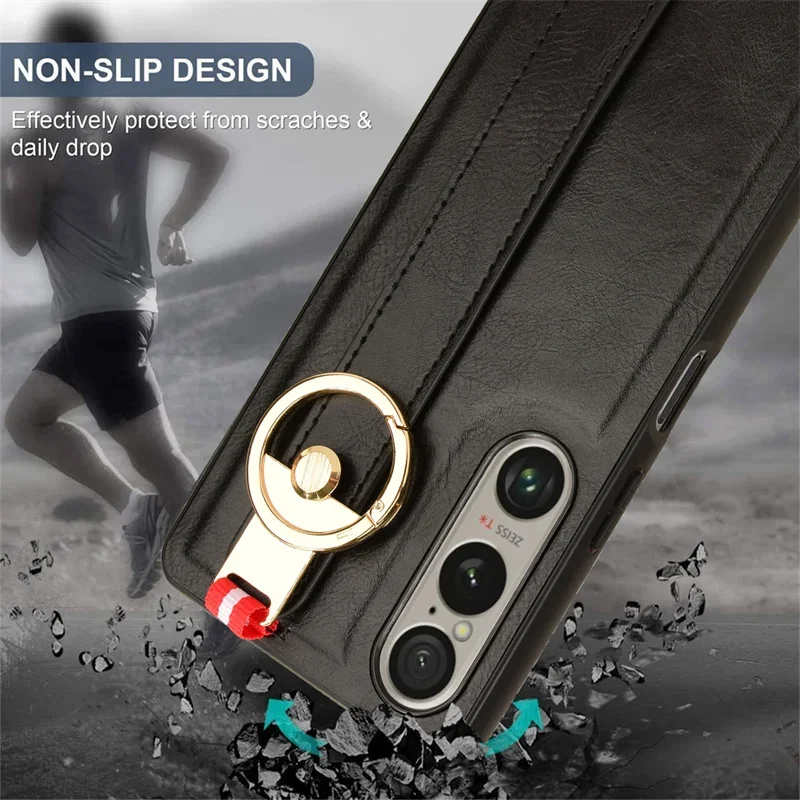 Luxury Wristband Leather Stand Case for Sony Xperia 1 10 VI 5 V IV III With Ring Opener Coque Fundas Capa