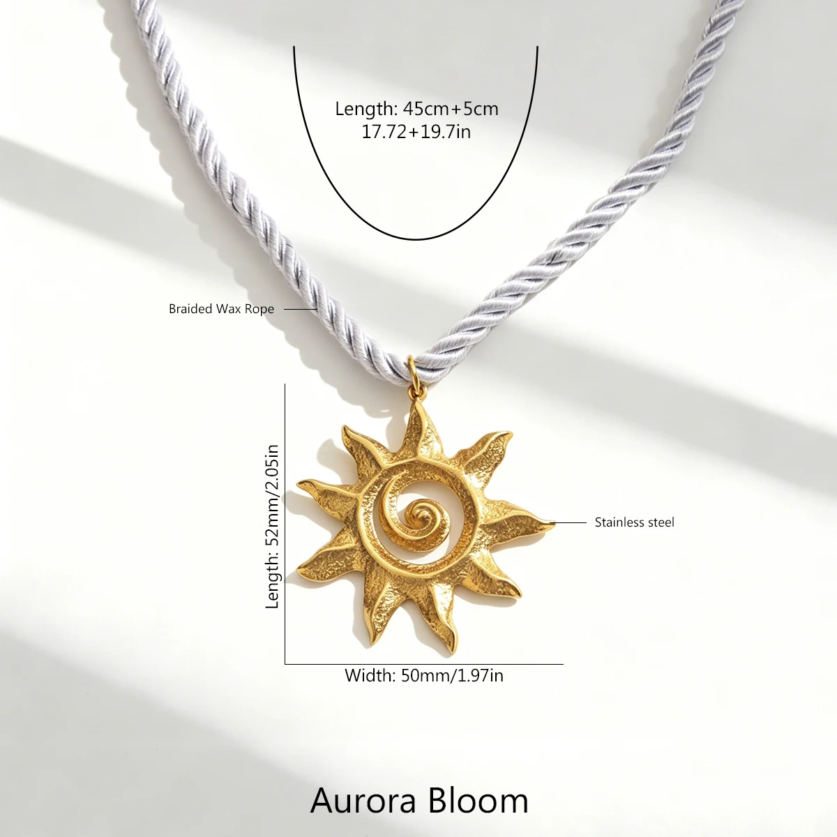 AURORA Vintage Sun Large Pendant Necklaces For Women's Stainless Steel Jewelry Braided Fashion Wax Rope Necklace Decoration