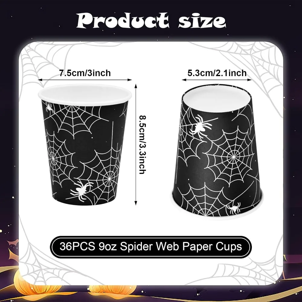 36 Pcs Halloween Spider Web Paper Cups 9 oz Black White Disposable Hot Cold Drinks