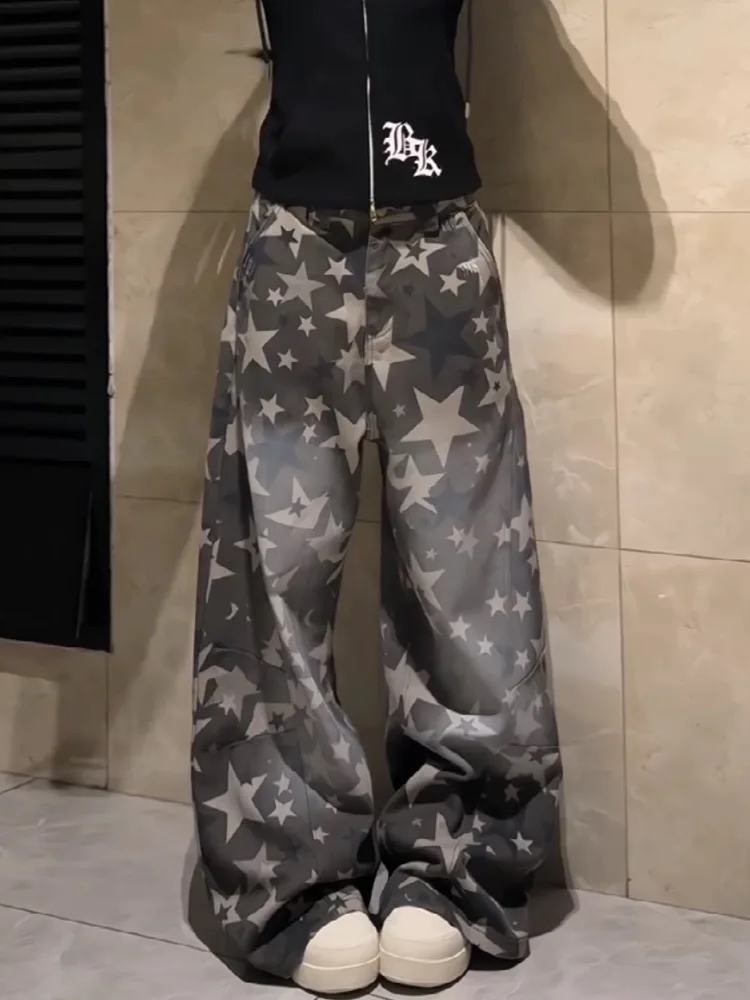 Y2K Sweet Cool Spicy American Style Star Printed Wide Leg Jeans Women High Waist Loose Slimming Straight Leg Floor Pants