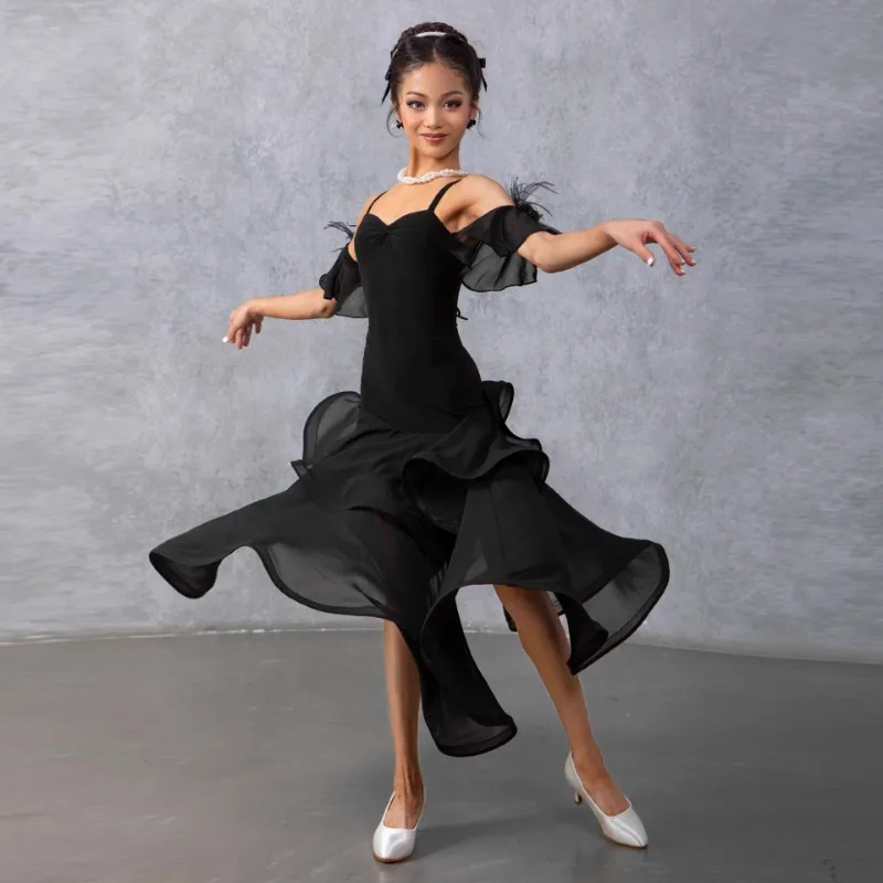 소녀의 라틴 현대 표준 댄스 의상의 맞춤형 2피스 세트 볼룸용 더블 레이어 대형 스윙 스커트 트레이닝 슈트