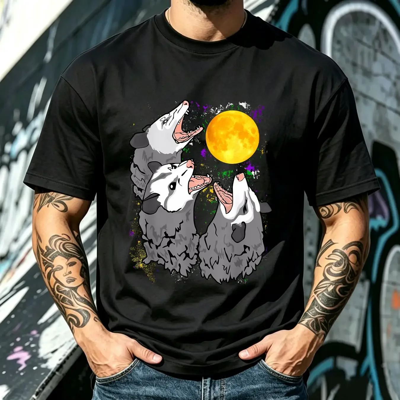 washed T Shirt Retro Three Opossum Dead Moon Possum s Costumes For Adults  vintage Washed Stylish Stretched Versatile graphic