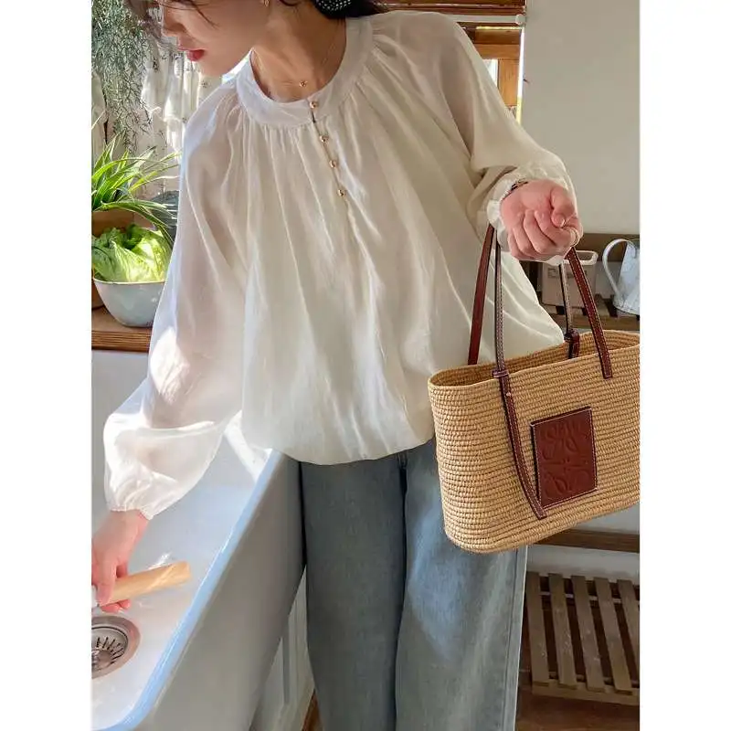 

Lehu French Retro irt for Women Spring New Sle Long Sve round Ne Pure Color Casual Busin Office Wear