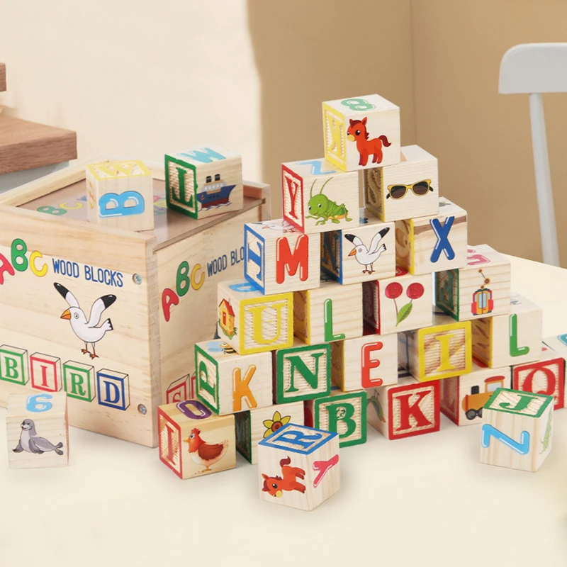 27pcs Alphabet Number Blocks Toy Colorful Cartoon Pattern Wooden Building Block Stacker Kids Baby Montessori Educational Toy