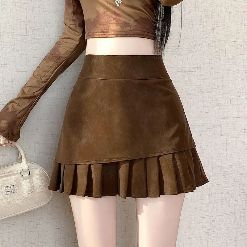 Brown Suede Pleated Skirt for Women Fall Winter High-Waist Slim Asymmetric A-Line Bodycon Mini Skirts y2k clothes 2000s