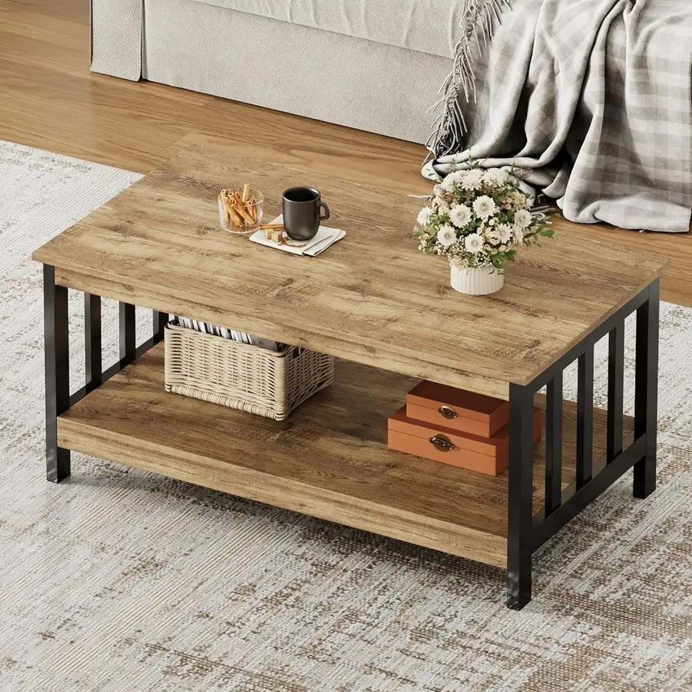 Mesa de sala de estar rústica de carvalho e fazenda preta com prateleira, 40 polegadas