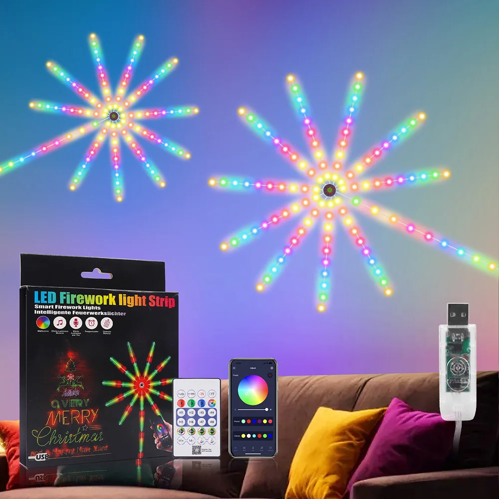 불꽃놀이 LED 조명 스트링 크리스마스 장식, 블루투스 호환 앱 리모컨, 120 LED 꿈의 색상 음악 동기화