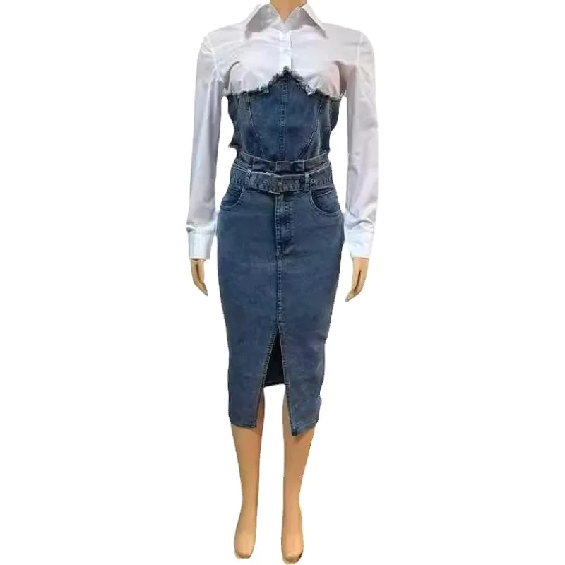 

Skirt Set Women Two Piece Sets Denim Turn Down Collar Matching Sets Casual Shirt Tops Long Skirts High Waist Slim Streetwear