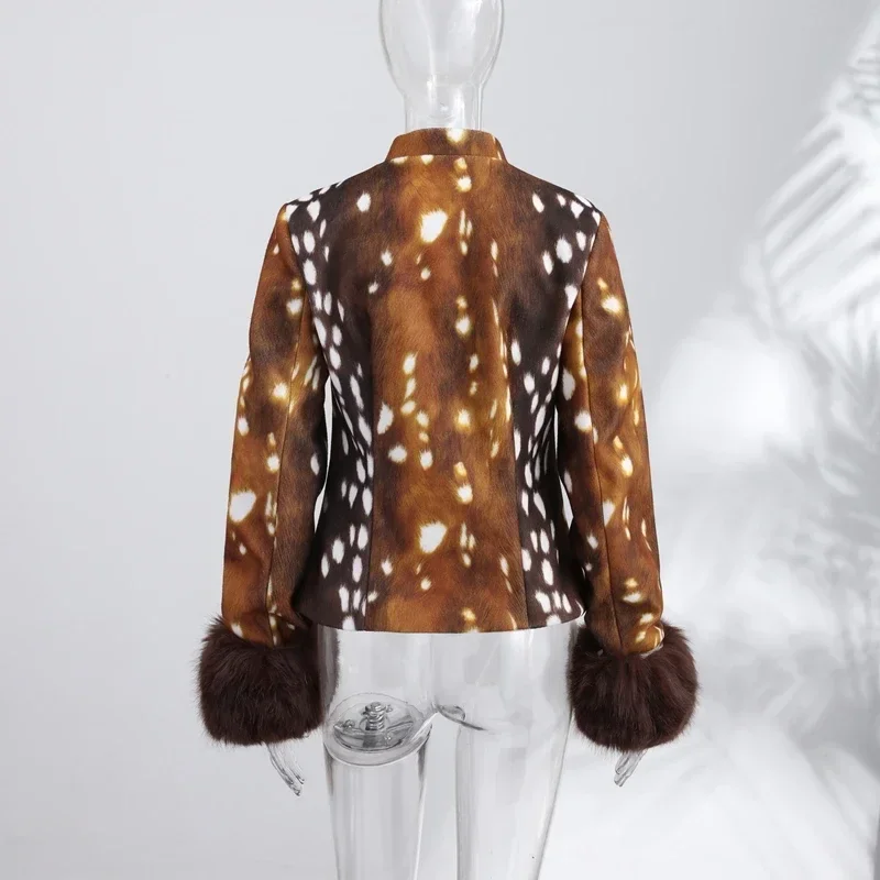 2026 Herbst Winter Sexy Leoparden-Fell-Patchwork-Jacke Damen Schick Langarm Bedruckt Schmal Geschnitten O-Ausschnitt Knopf-Mäntel Damen Oberbekleidung Neu – Detail 2