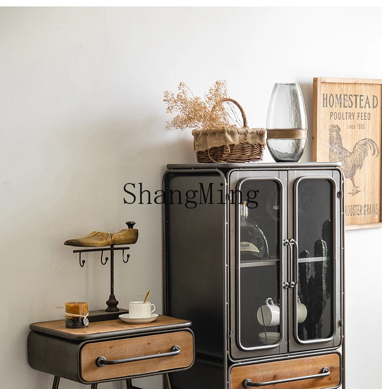 LXY solid wood wrought iron locker dining table industrial style retro entrance decorative cabinet