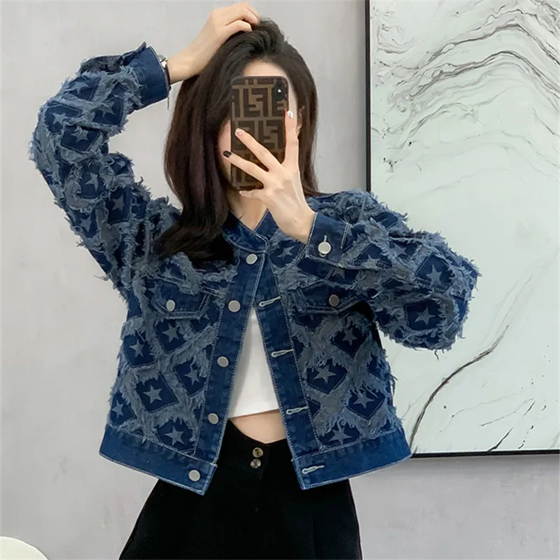 Blue Short Denim Jacket Frayed Burrs Stars Decoration Stand Collar Single-breasted Long Sleeve Spring Women Jeans Jacket Coat