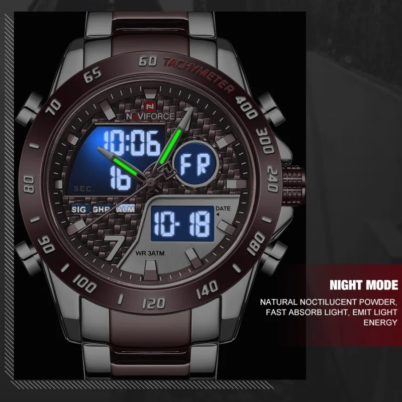 NAVIFORCE Men‘s New Analog Digital Watch 3ATM Waterproof Luminous Date Week Stainless Steel Sport Outdoor Wristwatch Gifts Box - view 5