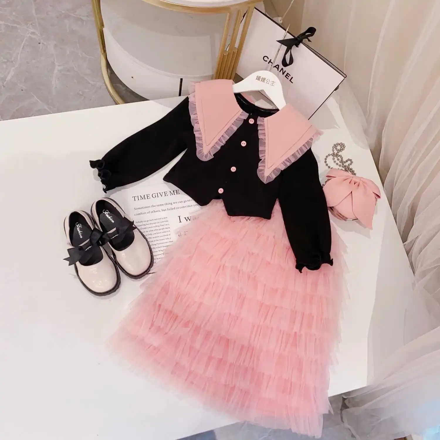 Girls Suit Spring Autumn  Doll Collar Long-sleeved Top+mesh Cake Skirt Two-piece Suit Outer Wear Casual Simple