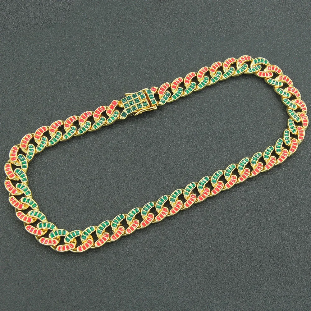 New Couple Choker Necklace 15mm Green Red Cz Stone Mix Colorful Miami Cuban Prong Chain Hip Hop Jewelry For Gift Butterfly Clasp