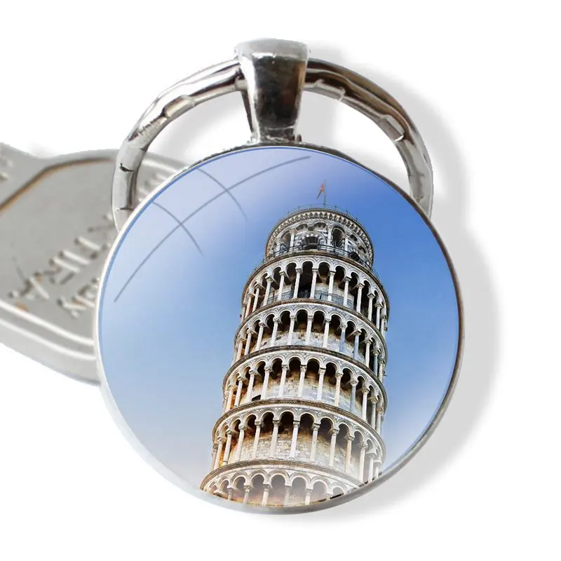 Keychain Glass Cabochon Metal Pendant Classic Men's Women's Keyring Leaning Tower of Pisa