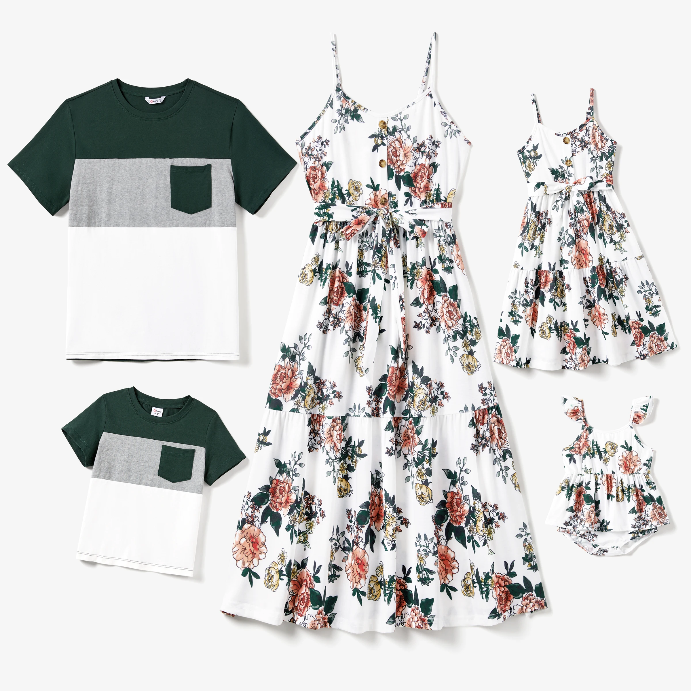 

PatPat Family Matching Color Block Tee and Cami Top Button Belted Flounce Hem Strap Dress Sets