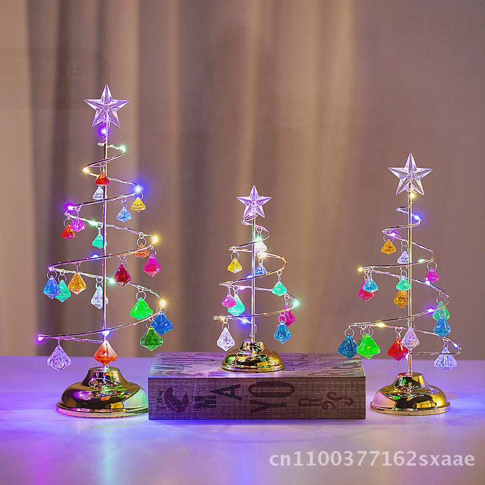 

Electroplated Iron LED Luminous Crystal Christmas Tree Table Decoration Night Light Gold Warm/Silver White/Colorful Diamonds
