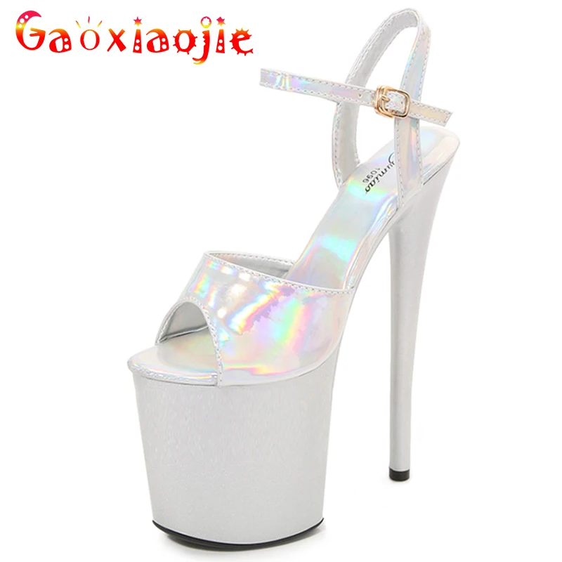 Women Shoes 20cm Heel Sexy Super High Pole Dance Party High Heels Sandals Platform Wedding Pumps Peep Toe Stripper Heels Silver