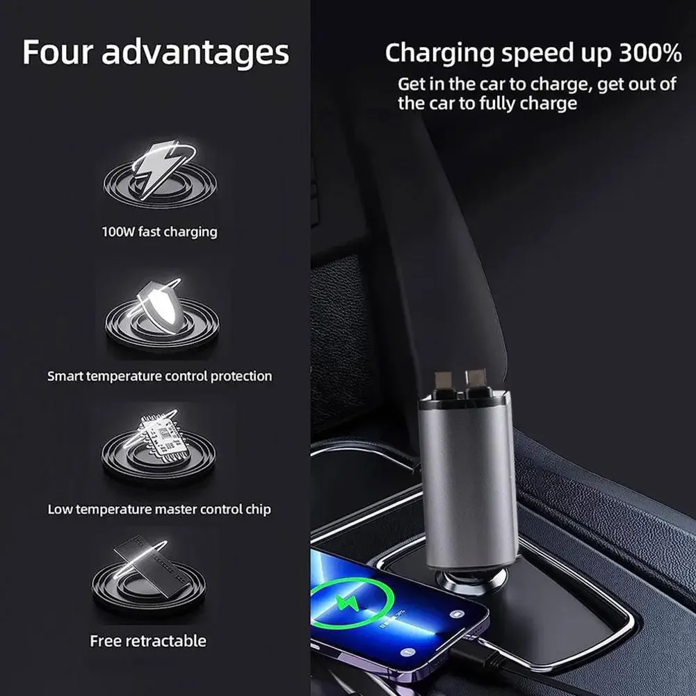 Cavo USB di tipo C per caricabatteria da auto retrattile 4 IN 1 per adattatore accendisigari con cavo di ricarica rapida per IPhone