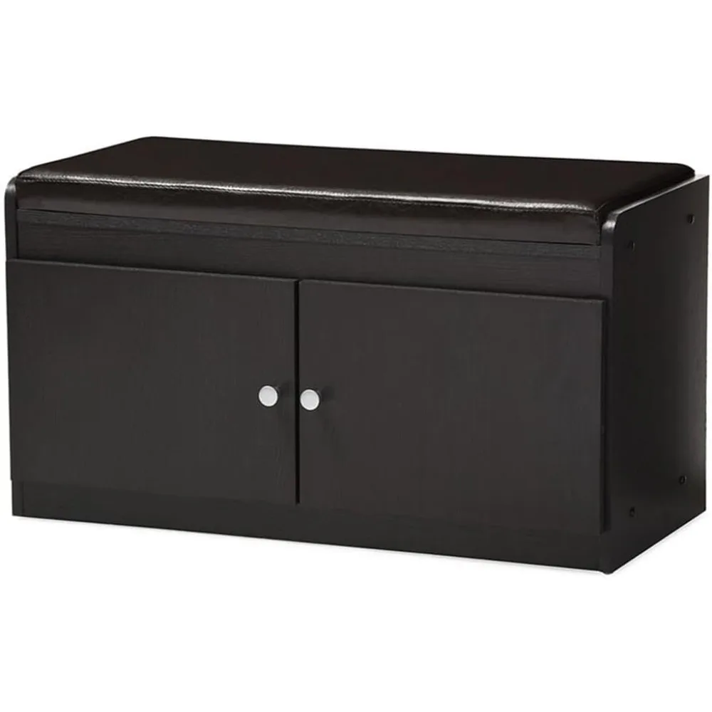 

Modern & Contemporary Wood 2-Door Shoe Cabinet with Faux Leather Seating Bench, Dark Brown