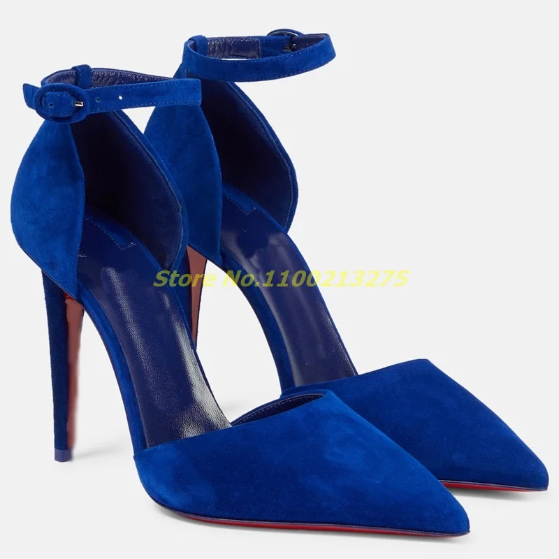 

Blue Suede Ankle Buckle Strap Pumps Stiletto Thin High Heel Sexy Pointed Toe High Heel Runway Fashion 2024 Autumn Newest Shoes