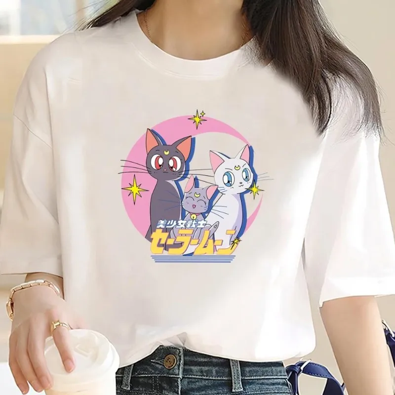 Cartoon S-Sailor M-Moon Lovely T Shirt Women Couple Combination Clothes Short Sleeve Collar Fashion Cotton