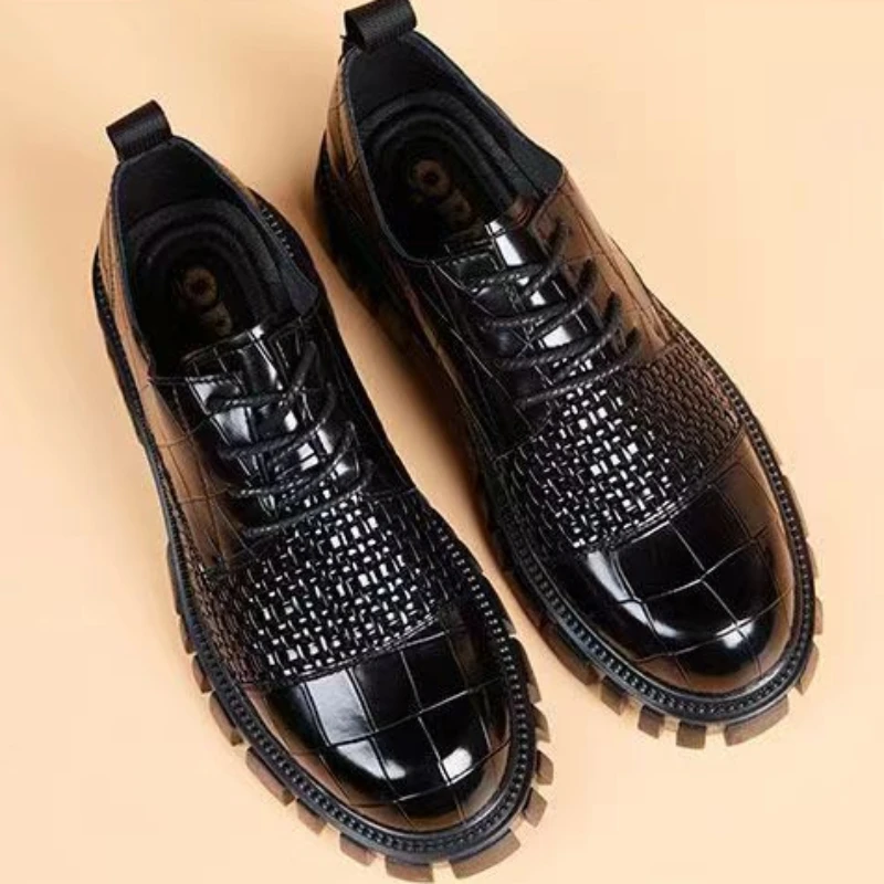 

Punk Thick Sole Men's Leather Shoes Dress Business Brogue Platform Round Toe Full Grain Male Casual Shoe Formal Common on Sale