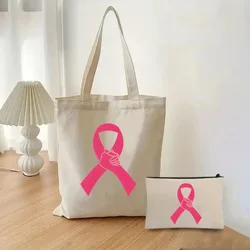 2 pezzi rosa consapevolezza del cancro al seno stampato Tote borse per cosmetici moda donna Eco borsa per la spesa portatile di grande capacità