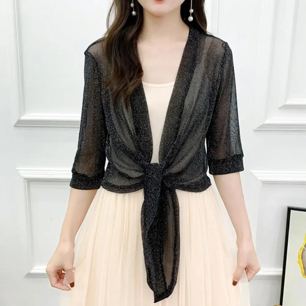 Women's Sheer Glitter Lace-up Cardigan Lightweight Jacket Half Sleeve Summer See-through Loose Blouse Women