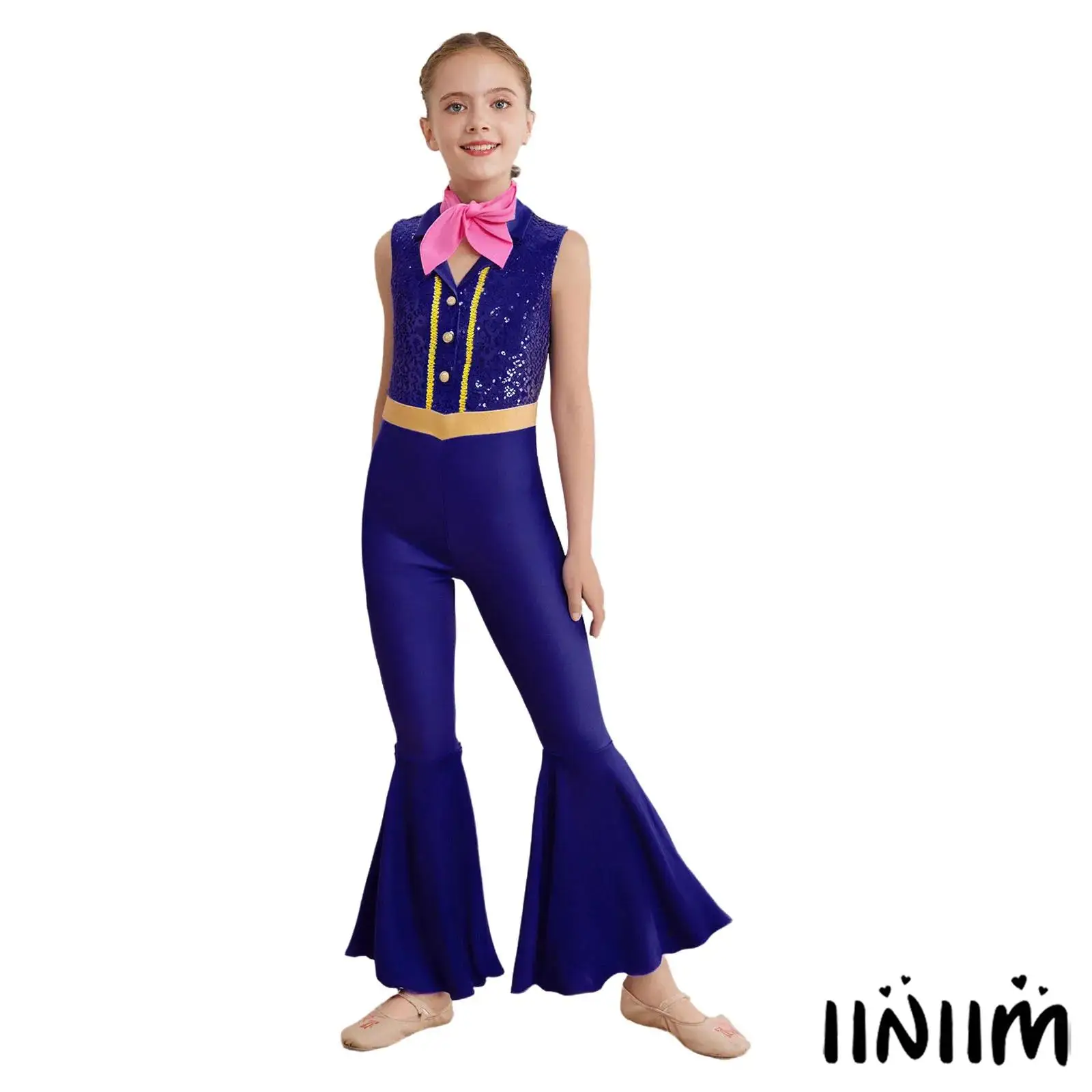 

Kids Girl Shiny Sequins Jazz Jumpsuit Lapel Collar Sleeveless Bell-Bottom Full Body Jazz Leotard with Scarf Gymnastics Dancewear