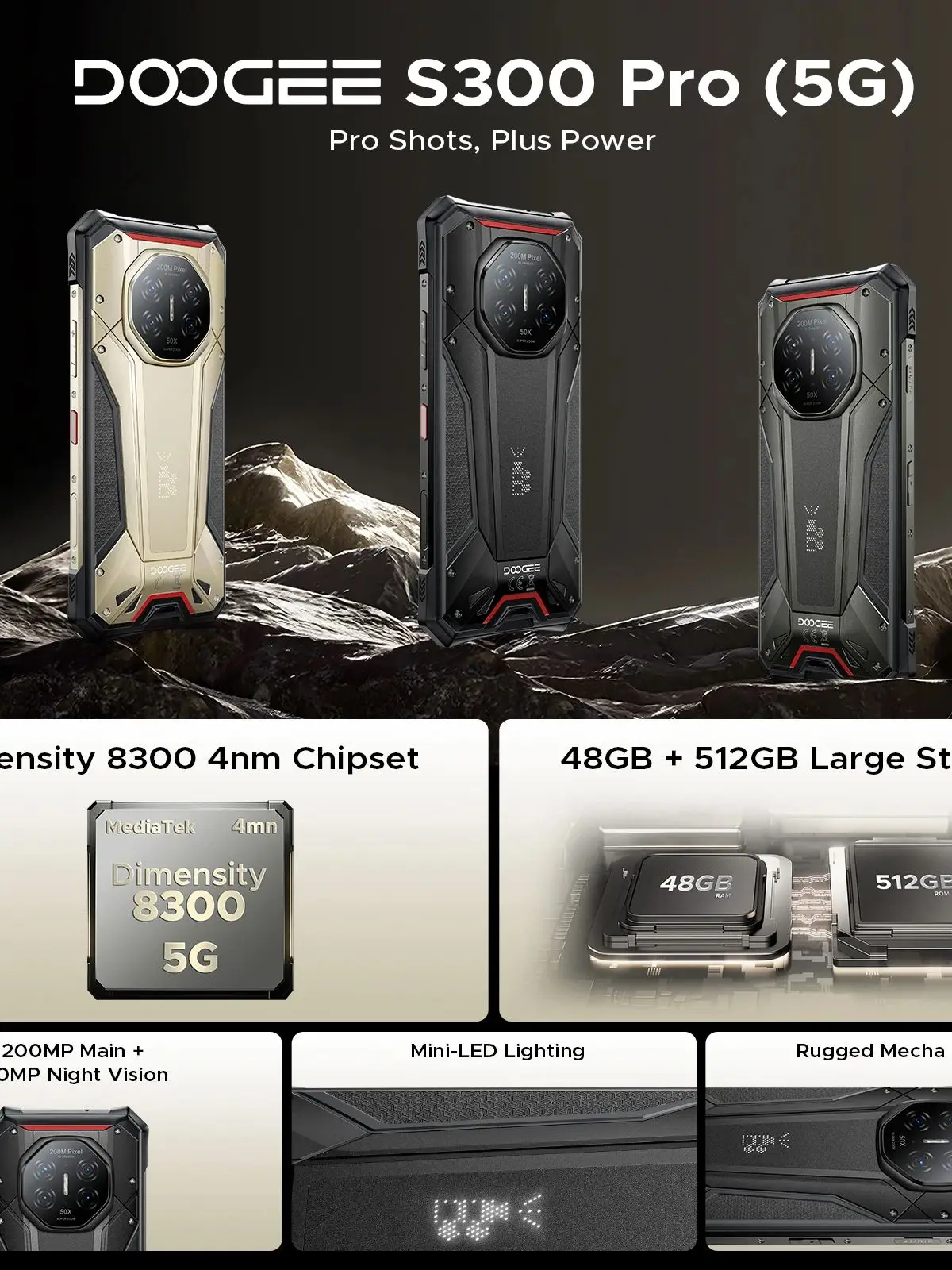 DOOGEE S300 Pro 5G robuuste telefoon 6,78 inch 120Hz Dimensity 8300 200MP camera 11000mAh batterij 48GB (16+32GB) 512GB Android 16 NFC Google Play ondersteuning - afbeelding 2