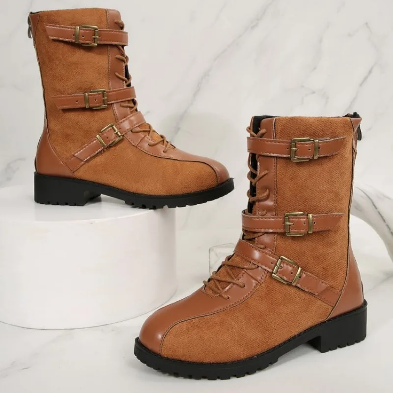 

Autumn Winter Vintage Woman Knight Knee High Boots Shoes Ladies Elegant Thick Low Heel Belt Buckle Western Cowboy Botas 42 43