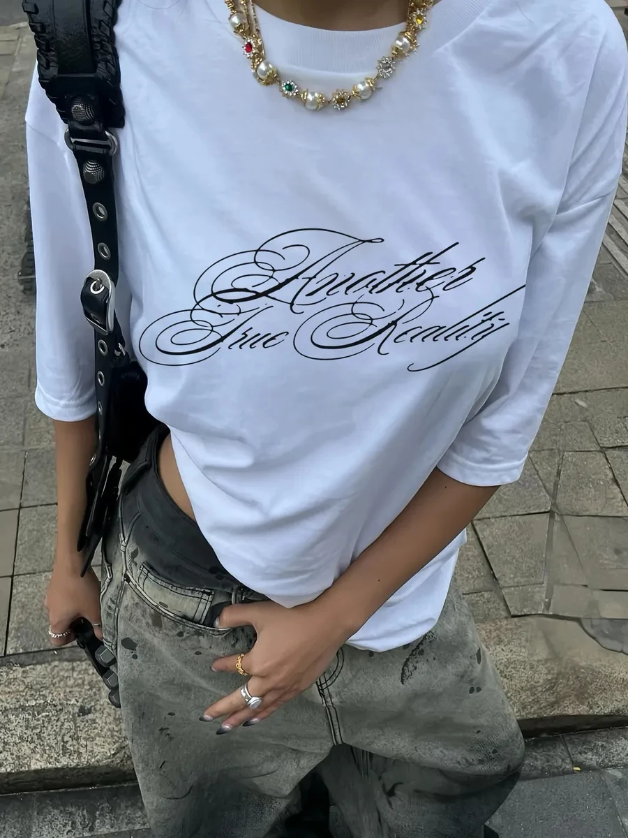 Another True Reality Letter Print White T Shirt Women Y2K Oversized Short Sleeve Graphic Tees Summer Casual Streetwear Tops