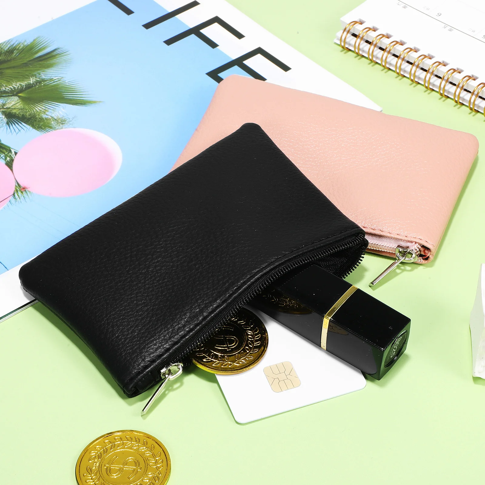 

2pcs Zipper Coin Purse Stylish Small Pink Women Wallet Ladies Clutch Pouch For Coins Keys Lightweight Durable PU