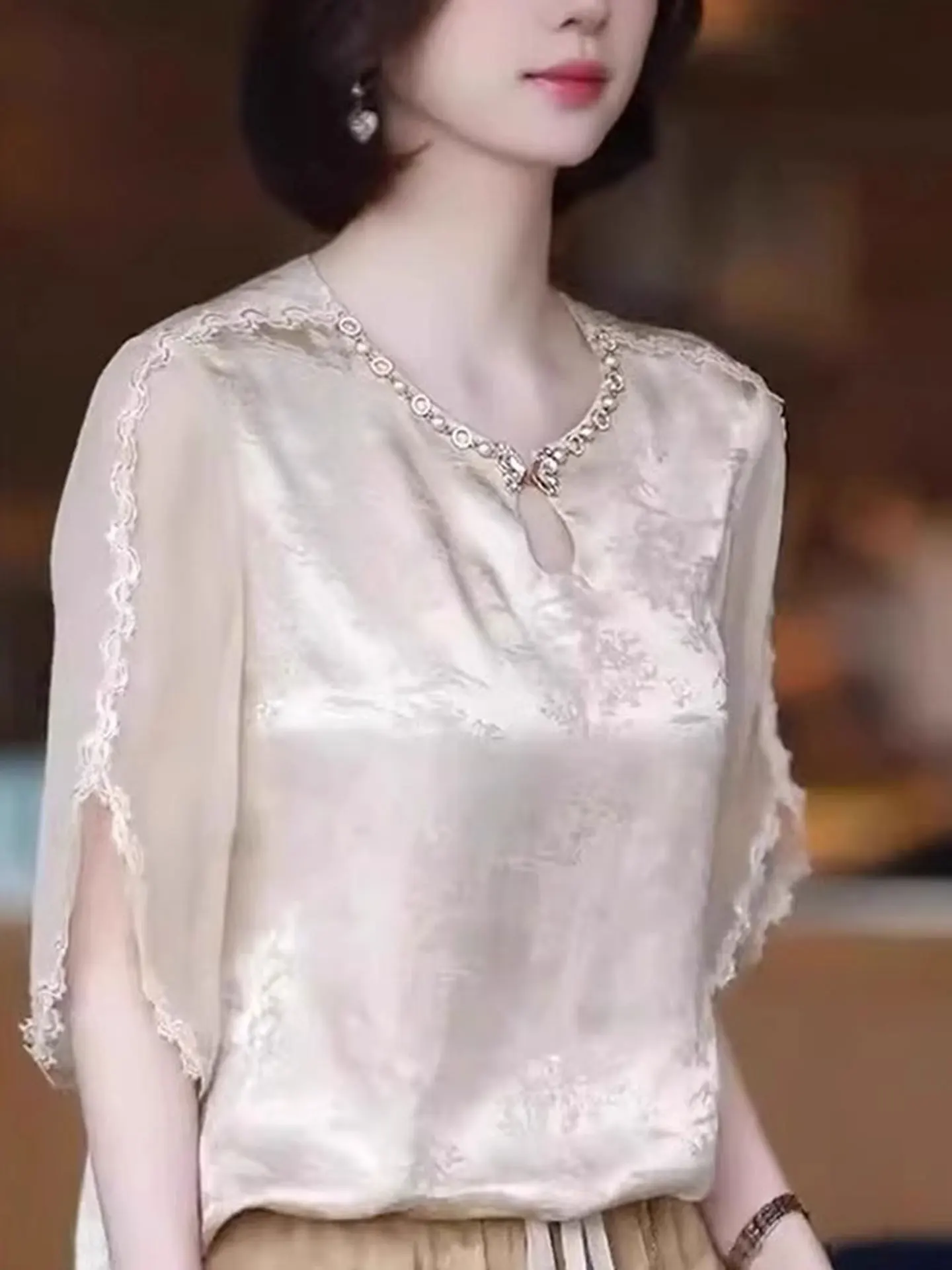 

Ele Korean Sle Hollow out Breathable ort Sve Silk Blend Top Loose Fit Summer Faion Casual Wear Office Commute