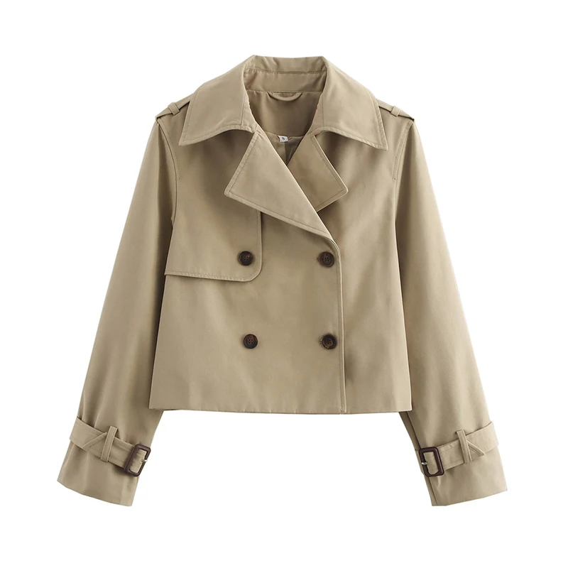 YENKYE nuevo otoño mujer sólido recortado gabardina Vintage doble botonadura manga larga Chaqueta corta solapa cuello rompevientos