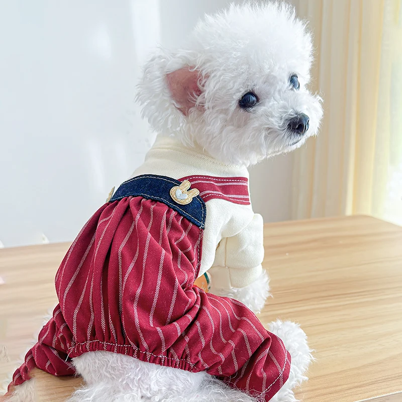 1PC Pet Apparel Dog Spring and Autumn Wine Red Striped Four legged Pants Rabbit High Waist Strap Pants For Small Medium Dogs