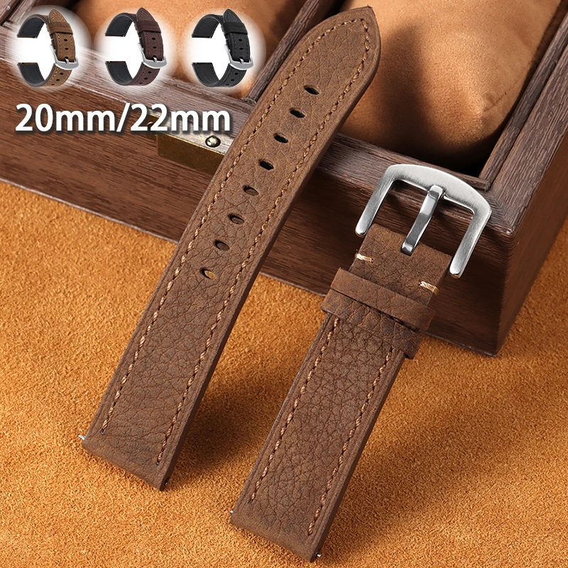 20mm 22mm Vintage Lychee Grain Leather Watch Strap Retro Distressed Cowhide Bracelet for Seiko for Omega Replacement Wristband