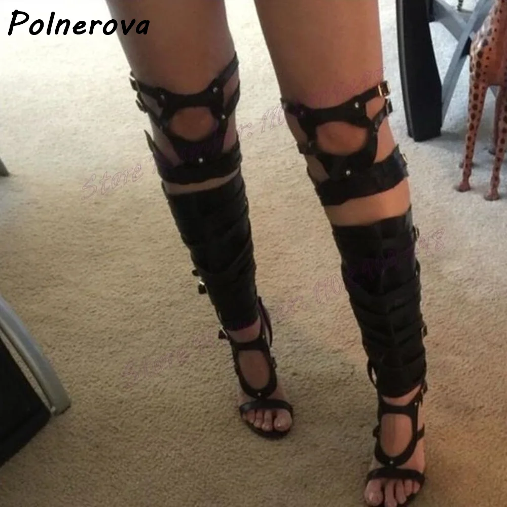 Hollow Buckle Strap Sandals Bo - огляд і ціна High Knee Heel Boots