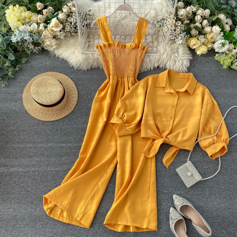 

Fashionable Two-Piece Set Women's Wide-Leg Jumpsuit with Strap Folded Short Sleeve Stand Collar Open Cardigan Shirt Holiday S...
