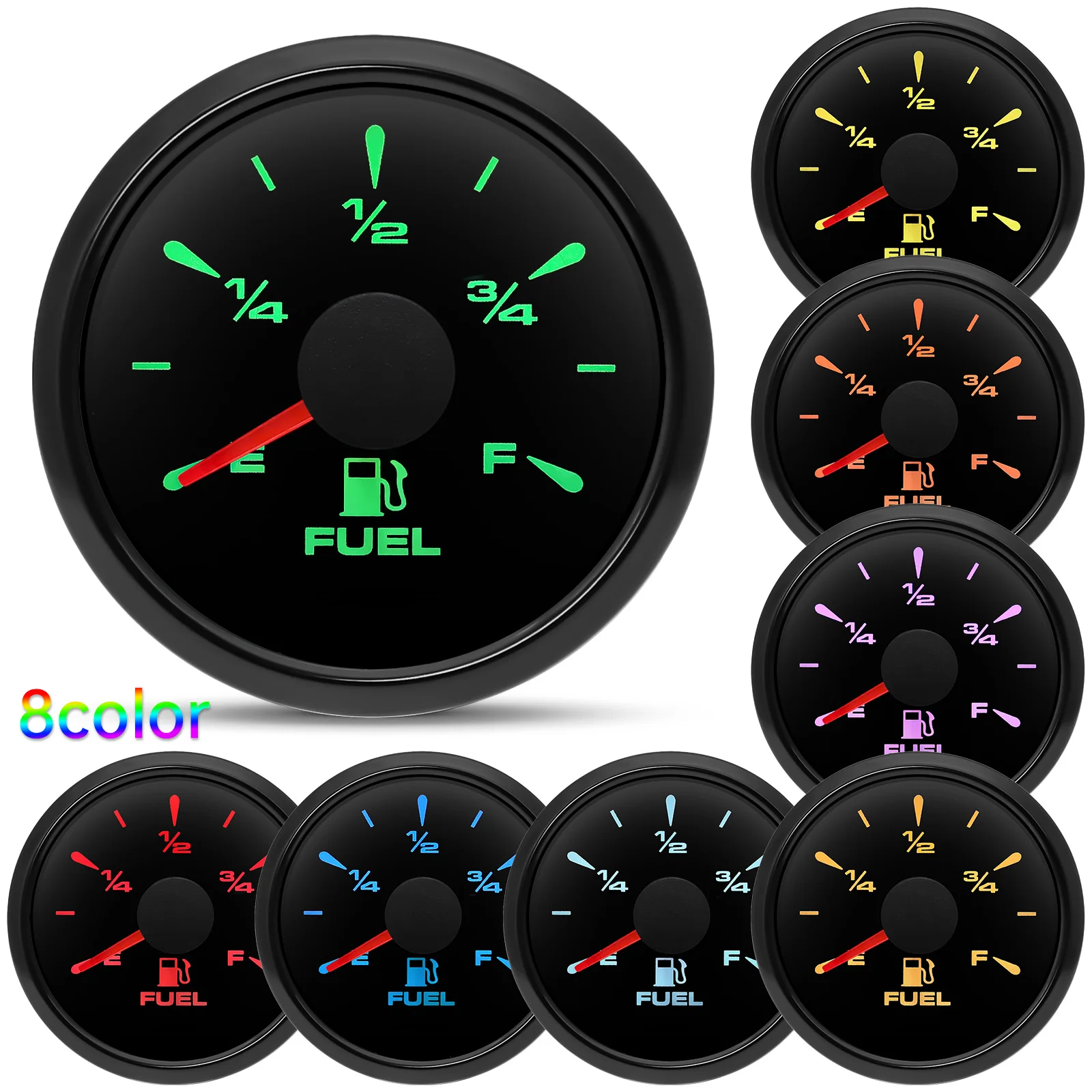 Universal Gasoline Car 52MM Fuel Level Gauge with 8 Color Light 0-190 Ohm Pointer Oil Tank Meter 240-33 Ohm Waterproof 12V 24V