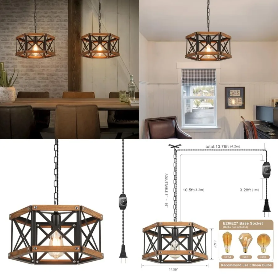 

Rustic Farmhouse Plug in Pendant Light Fixture with Adjustable Chain, Dimmable Switch, Industrial Oak Wood and Metal Cage Hangi
