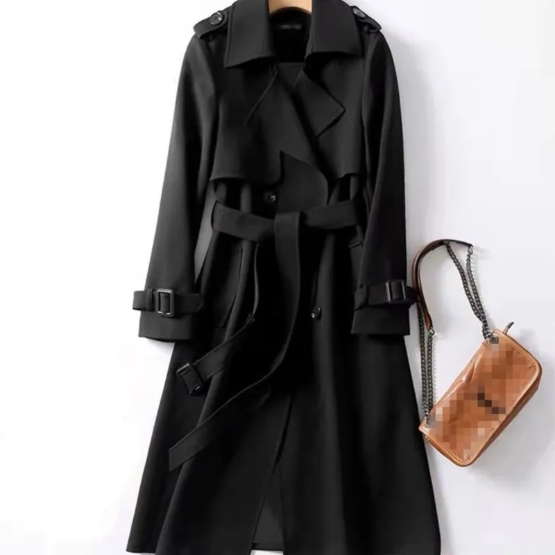 Women\'s Trench Coat 2024 Autumn Korean Long Jacket with Belt Solid Double-breasted British Style Khaki Coat For Women Red Blue