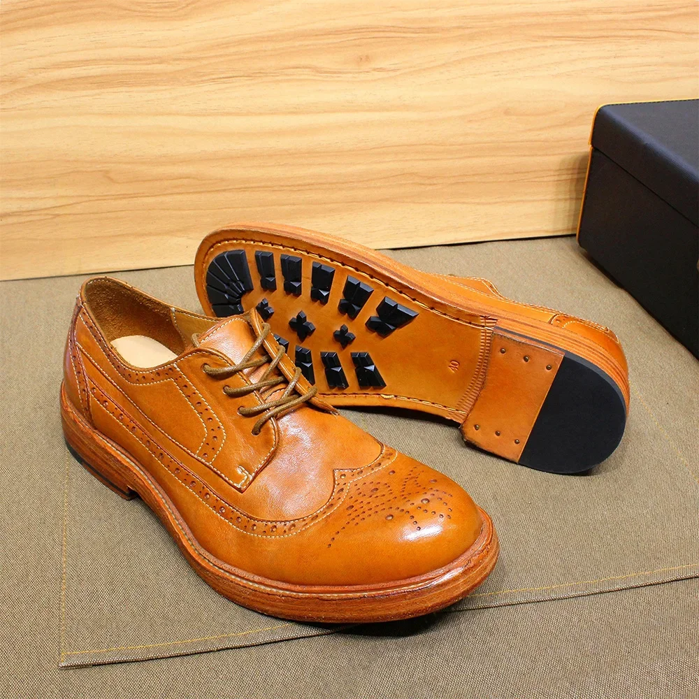 Goodyear Handmade Stitched Men\'s Derby Dress Shoes Soft Calfskin Genuine Leather Wingtip Brogue Comfortable Casual Footwear