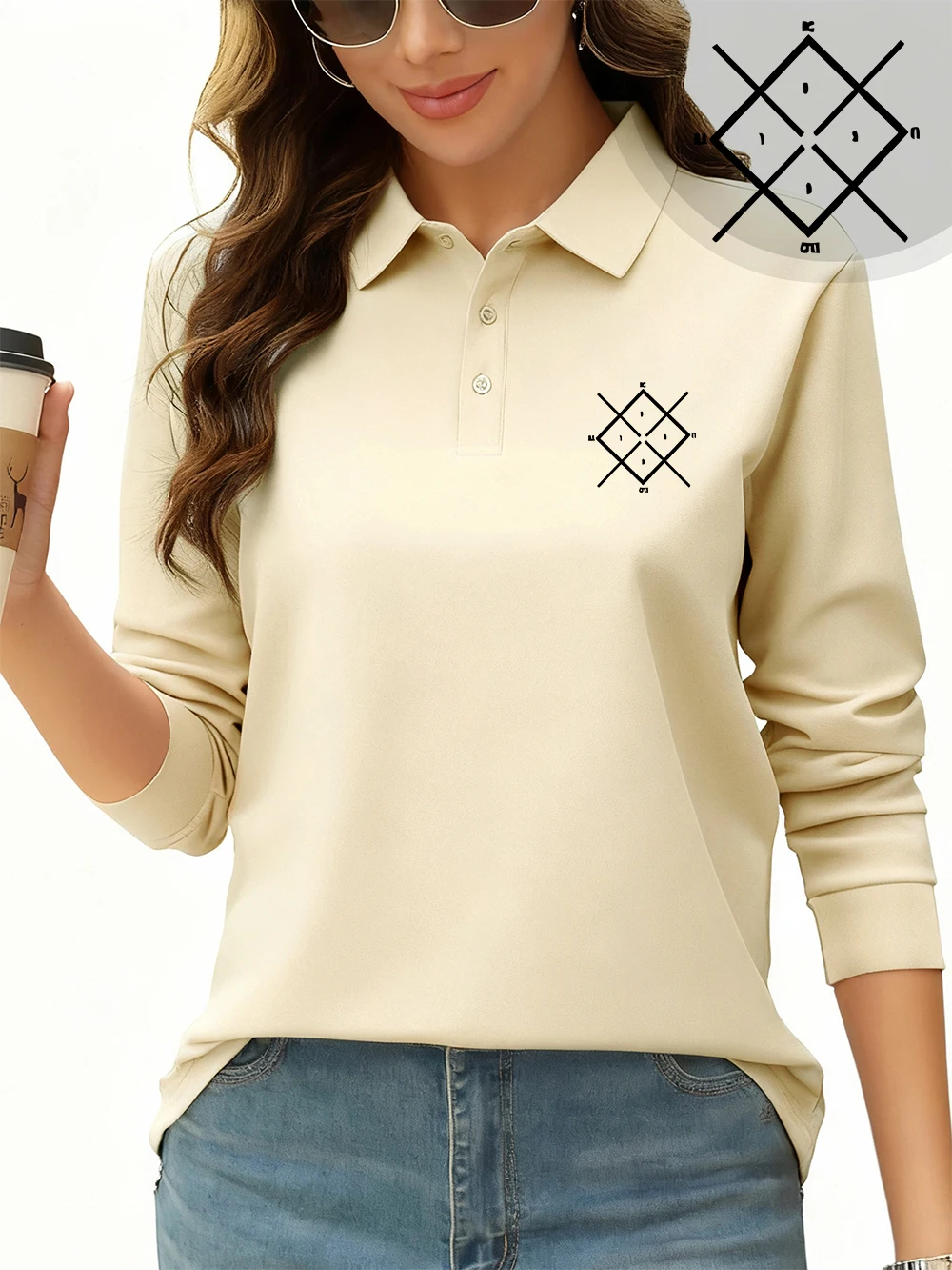 マジカルブロックプリントポロシャツレディーススポーティ長袖 Tシャツ秋通気性ラペルトップスカジュアルレディース新しい作業服
