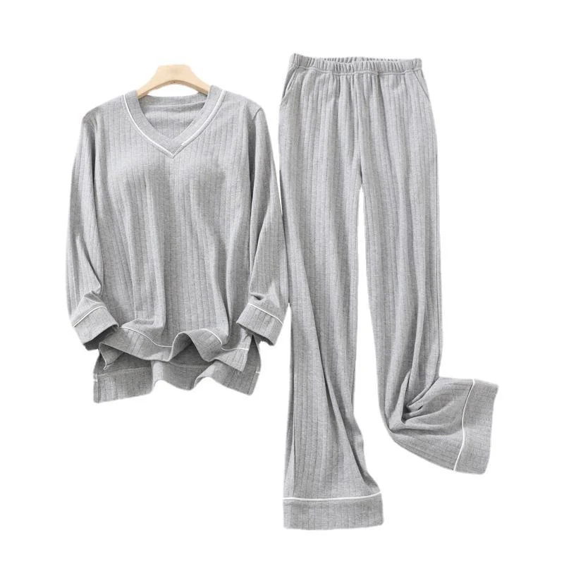 Fashion V-Neck Women's Sleepwear Loose Casual Long Sleeved Pants Home Pajama With Chest Pads Oversized Soft Female Night-clothes